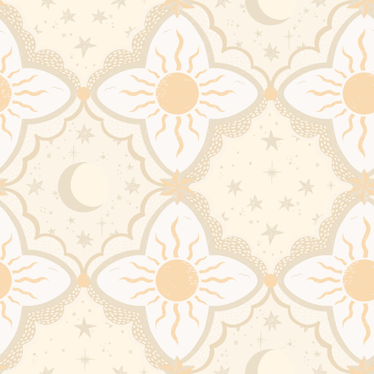 Sol & Mane Tangerine non woven wallpaper by York Wallcoverings with sun, moon and stars motif, 20.9 in x 33 ft roll (MB29032).