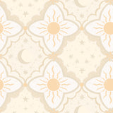Sol & Mane Tangerine non woven wallpaper by York Wallcoverings with sun, moon and stars motif, 20.9 in x 33 ft roll (MB29032).