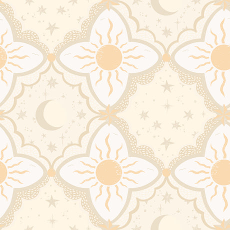 Sol & Mane Tangerine non woven wallpaper by York Wallcoverings with sun, moon and stars motif, 20.9 in x 33 ft roll (MB29032).