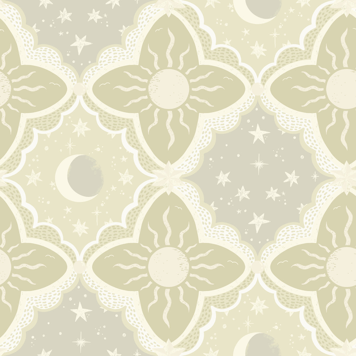 Sol & Mane Green celestial wallpaper with suns, moons, and stars by York Wallcoverings
