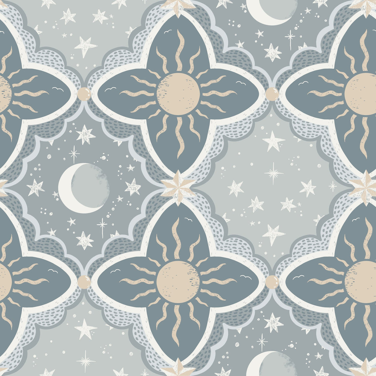 Sol & Mane Blue Wallpaper pattern with suns, moons and stars – York Wallcoverings MB29034