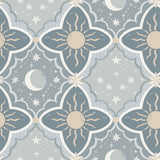 Sol & Mane Blue Wallpaper pattern with suns, moons and stars – York Wallcoverings MB29034