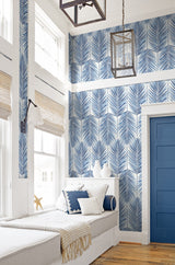 Paradise Palm Coastal Blue by Beach House Palm Leaf Wallpaper – Seabrook Designs MB30002