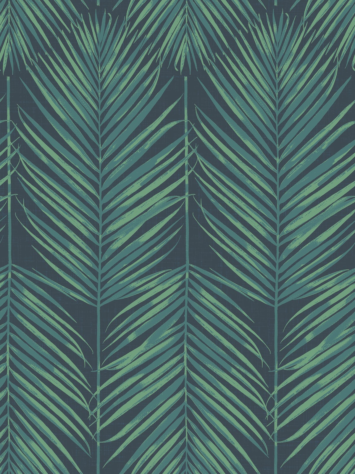 Paradise Palm wallpaper in Tropic Midnight colorway featuring layered palm fronds in green tones on a deep blue ground.
