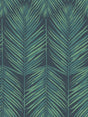 Paradise Palm wallpaper in Tropic Midnight colorway featuring layered palm fronds in green tones on a deep blue ground.