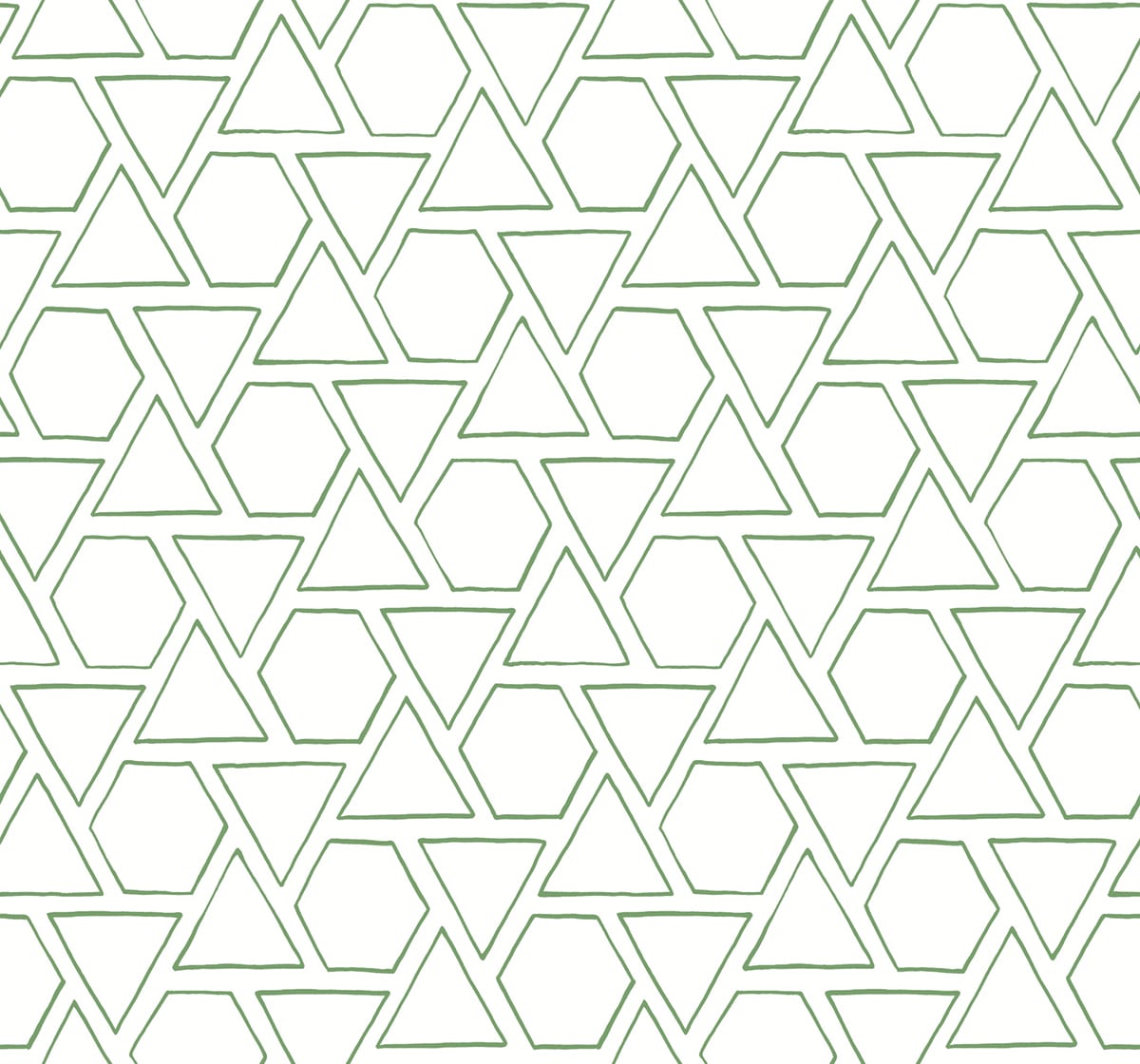 Green outlined geometric sun shapes wallpaper pattern on a white background.