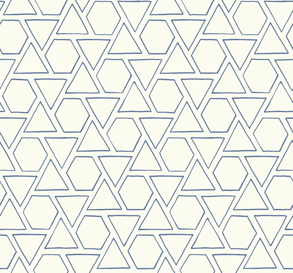 Coastal blue geometric outline wallpaper pattern with triangles and hexagons on an off-white background