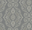 Nautical Damask wallpaper in Black Sands colorway featuring a large-scale coastal damask motif in grey and off-white