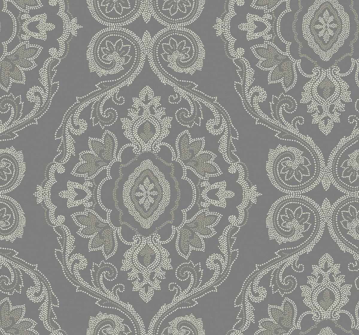 Nautical Damask wallpaper in Black Sands colorway featuring a large-scale coastal damask motif in grey and off-white