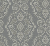 Nautical Damask wallpaper in Black Sands colorway featuring a large-scale coastal damask motif in grey and off-white