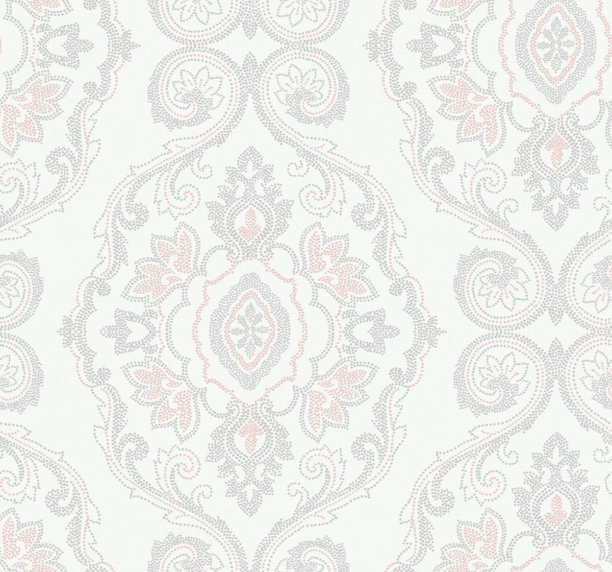 Nautical Damask wallpaper in Pink Sunset with dotted damask medallions