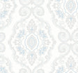 Nautical Damask wallpaper in Blue Oasis with a coastal damask motif on a light ground.