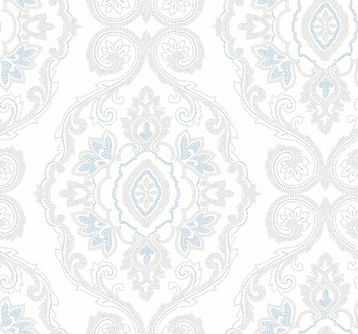Nautical Damask wallpaper in Blue Oasis with a coastal damask motif on a light ground.