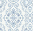 Coastal blue dotted damask wallpaper pattern on an off-white background