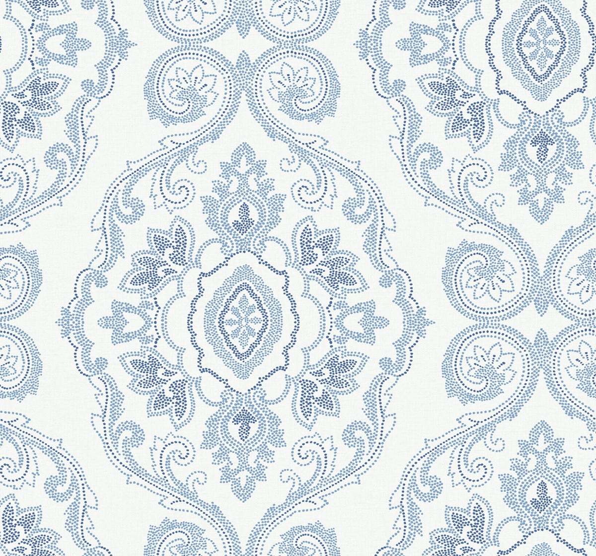 Coastal blue dotted damask wallpaper pattern on an off-white background