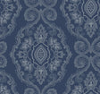 Nautical blue damask wallpaper with white dotted ornamental medallions