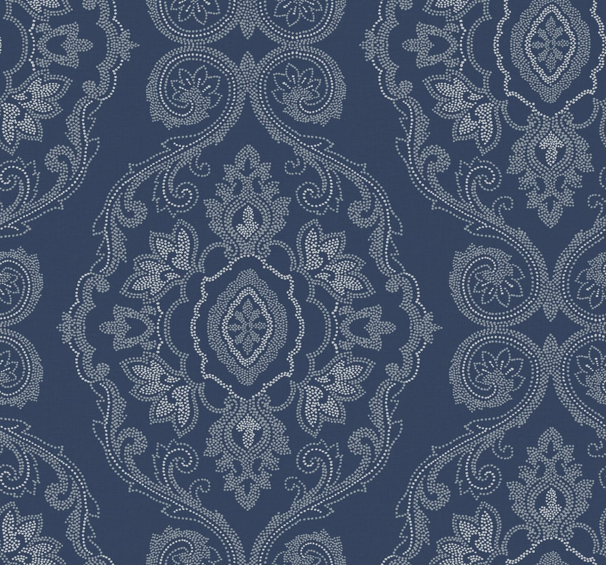 Nautical blue damask wallpaper with white dotted ornamental medallions