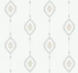 Coastal geometric stripe wallpaper with dotted medallion motifs in beige and gray on a light background.