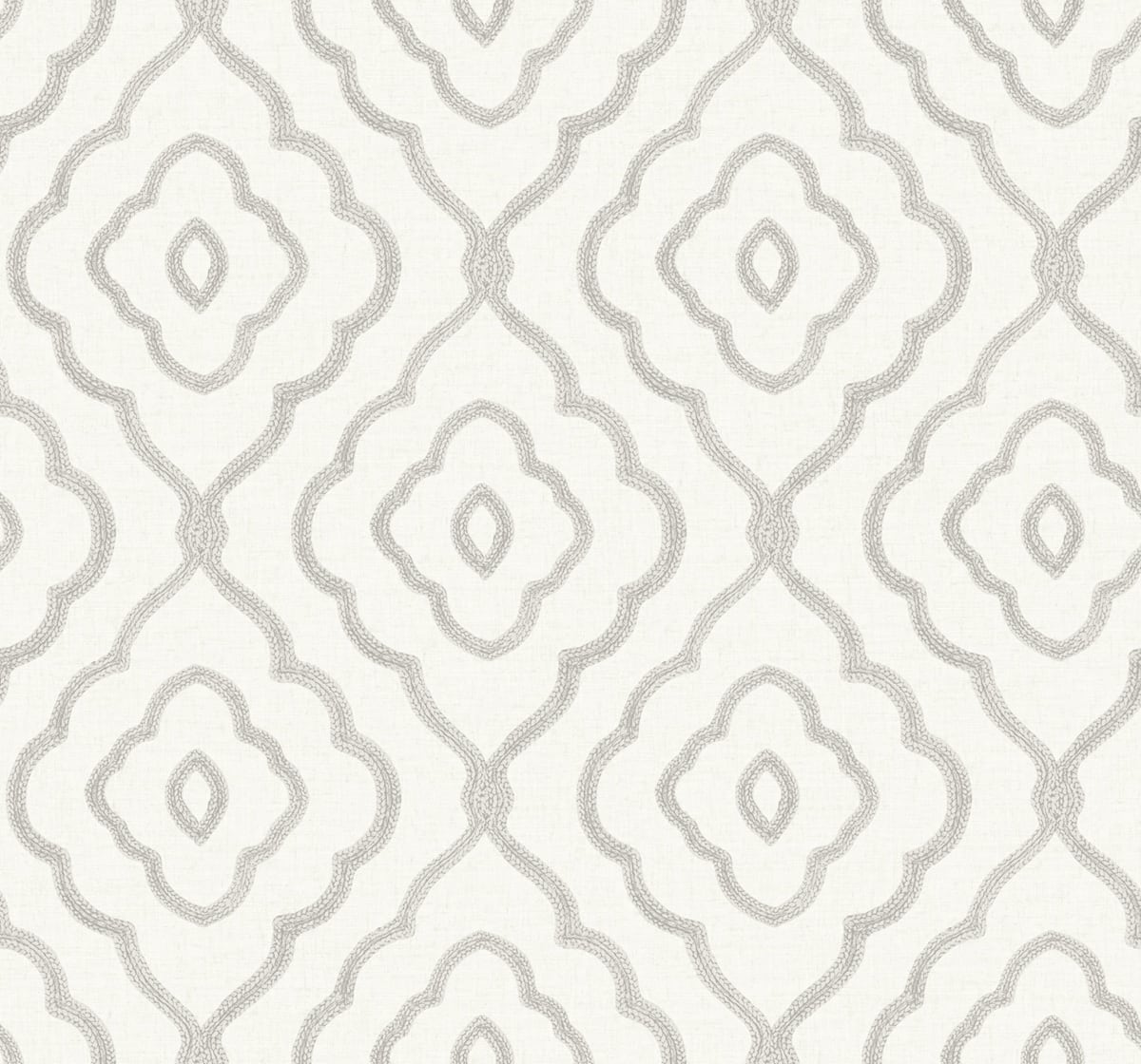 Seaside Ogee wallpaper in Daydream Gray with a coastal ogee lattice pattern on a light ground