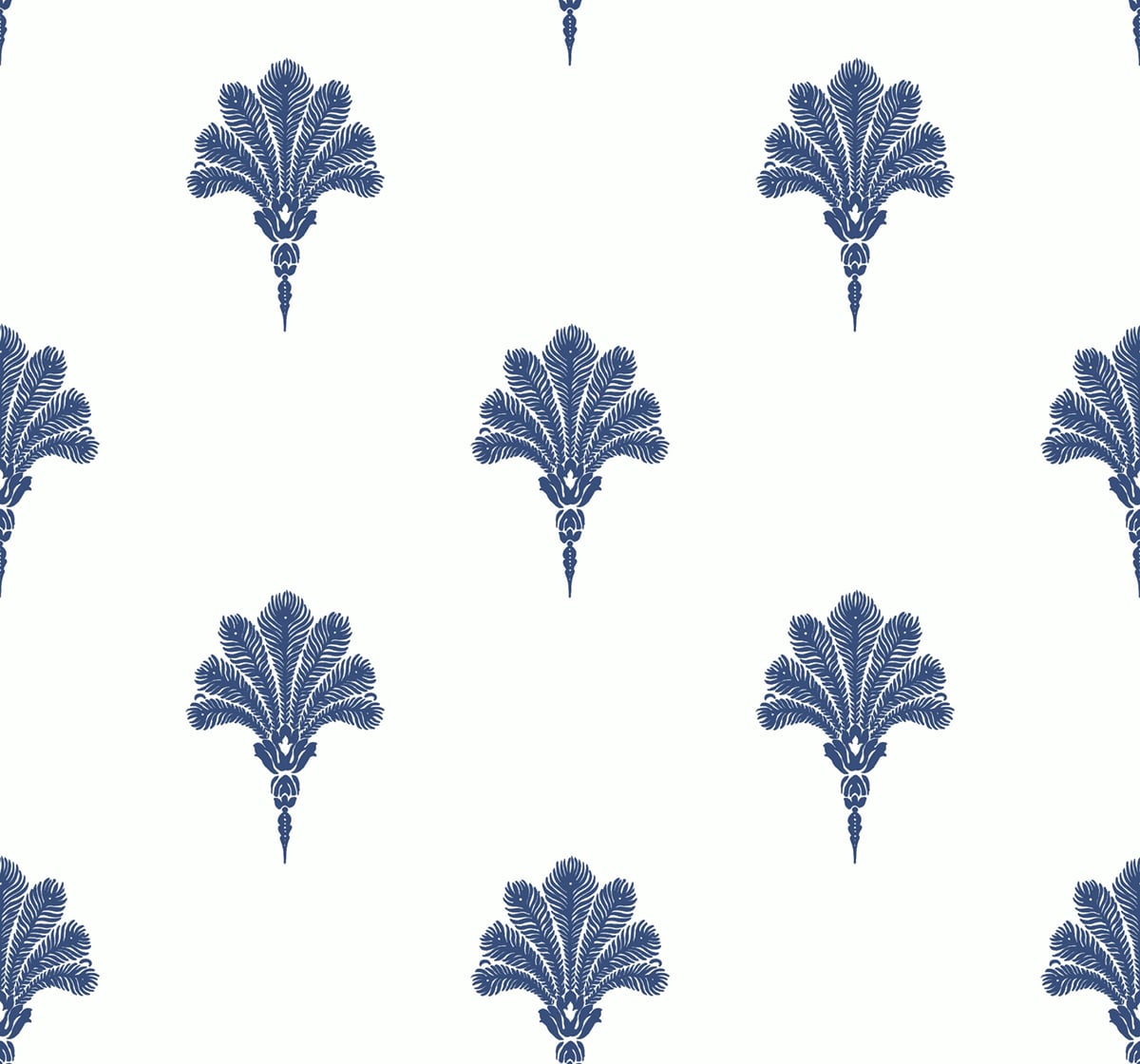 Summer Fan wallpaper in coastal blue with repeating fan/palmette motif on a white ground.