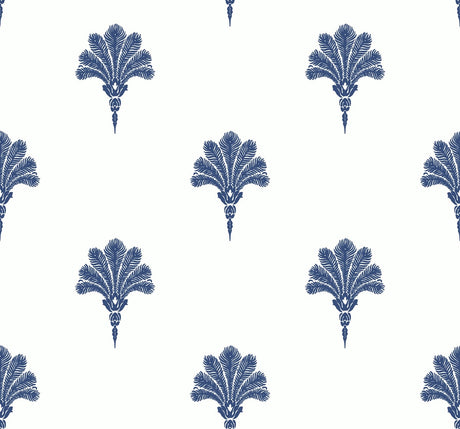 Summer Fan wallpaper in coastal blue with repeating fan/palmette motif on a white ground.