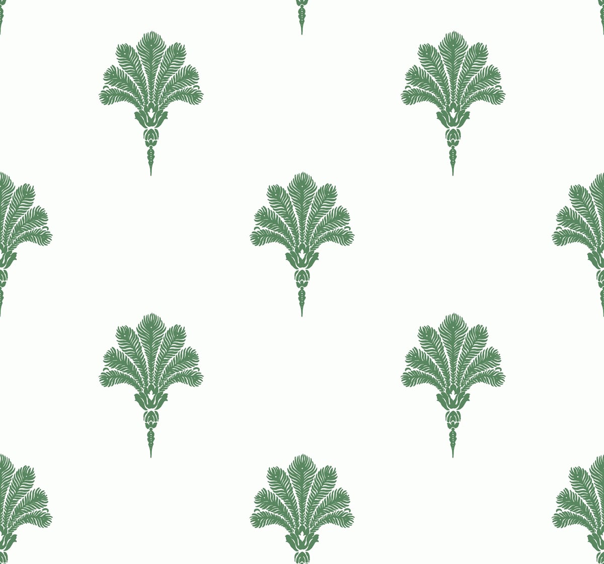 Green palm fan motif wallpaper on an off-white background
