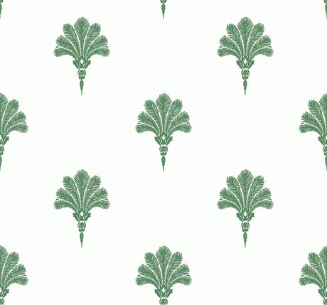 Green palm fan motif wallpaper on an off-white background