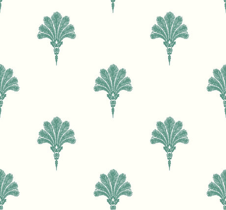 Summer Fan wallpaper in Tropic Green with repeating palm fan motif on an off-white ground