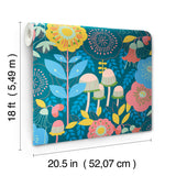 Dream Garden Teal by NuWallpaper Whimsical Retro-Inspired Botanical Floral and Mushroom Peel and Stick Wallpaper - MCS6397