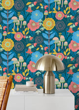 Dream Garden Teal by NuWallpaper Whimsical Retro-Inspired Botanical Floral and Mushroom Peel and Stick Wallpaper - MCS6397