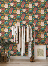 Dream Garden Dark Brown by NuWallpaper Megan Carter Whimsical Retro-Inspired Botanical Floral Peel & Stick Wallpaper - MCS6398