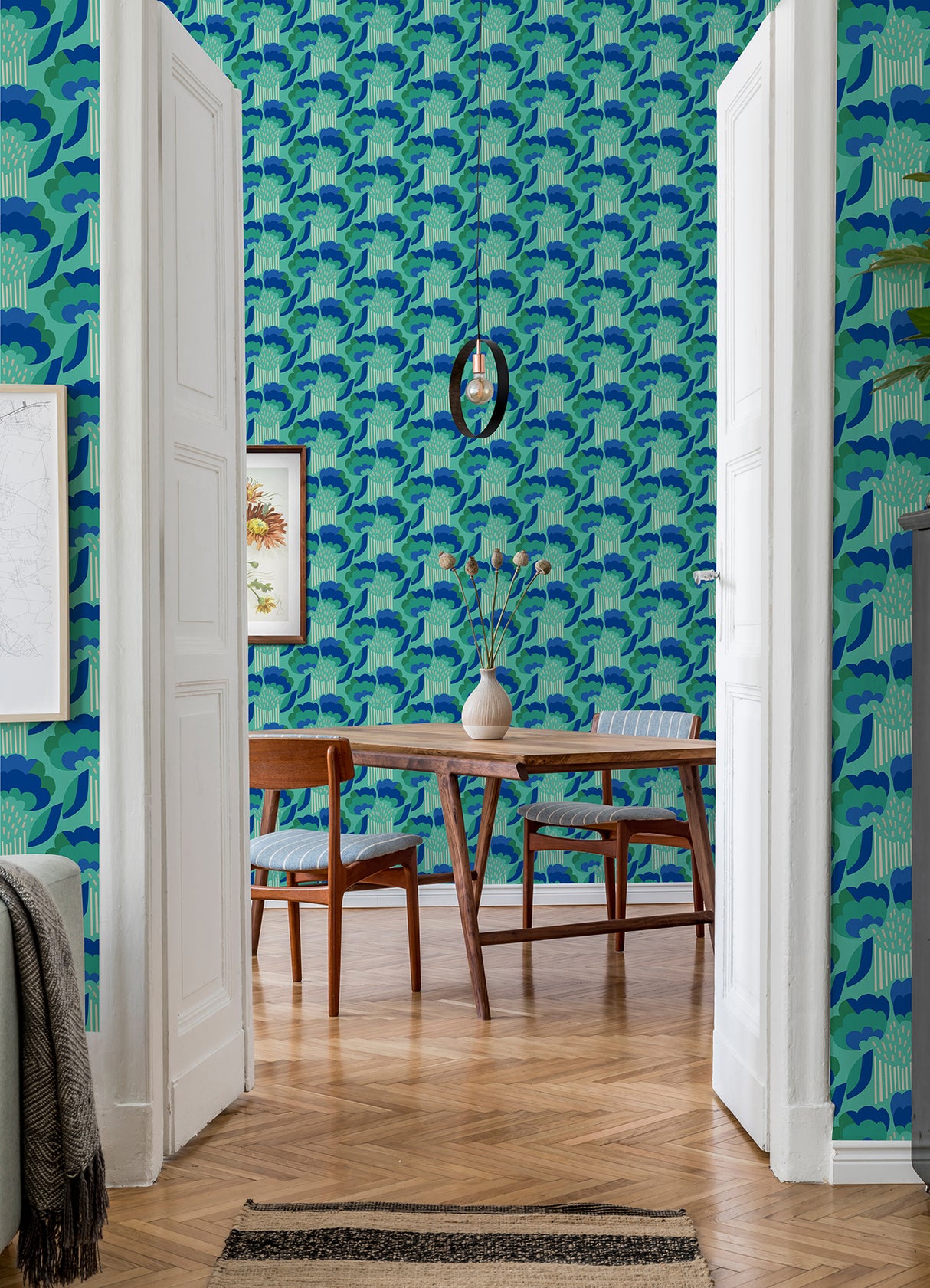 Retro Esme Aqua by NuWallpaper Vibrant Bold Future-Retro Botanical Floral Peel and Stick Wallpaper Designed by Megan Carter WallPops - MCS6399