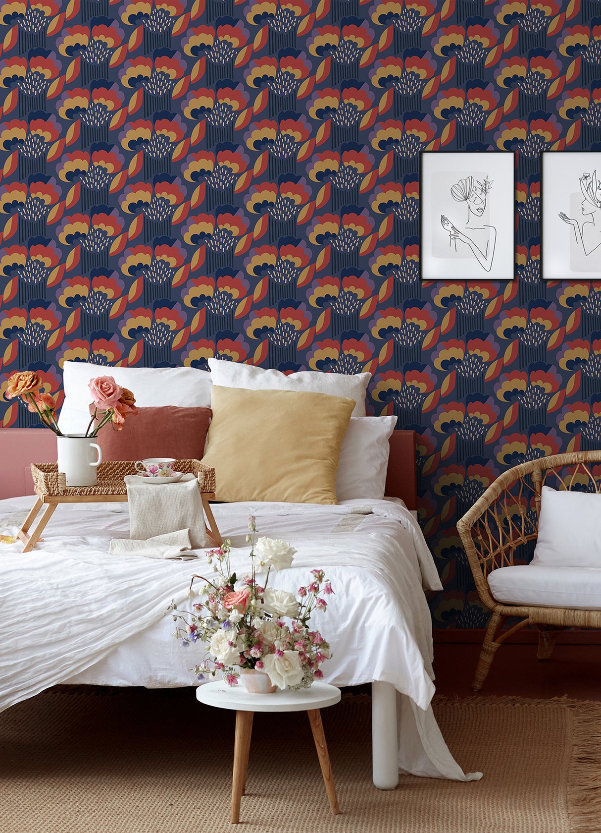 Retro Esme Navy by Megan Carter x WallPops NuWallpaper Bold Future-Retro Botanical Floral Peel and Stick Wallpaper 20.5 in x 18 ft Roll - MCS6400