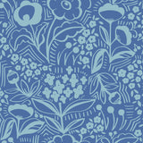 Jeani Blue Peel and Stick Wallpaper by NuWallpaper featuring retro-inspired botanical floral linework in blue tones, designed by Megan Carter