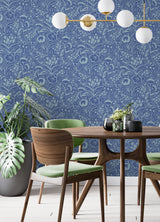 Jeani Blue by NuWallpaper Vibrant Retro Inspired Blue Botanical Floral Linework Peel and Stick Wallpaper Designed by Megan Carter - MCS6402