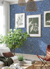 Jeani Blue by NuWallpaper Vibrant Retro Inspired Blue Botanical Floral Linework Peel and Stick Wallpaper Designed by Megan Carter - MCS6402
