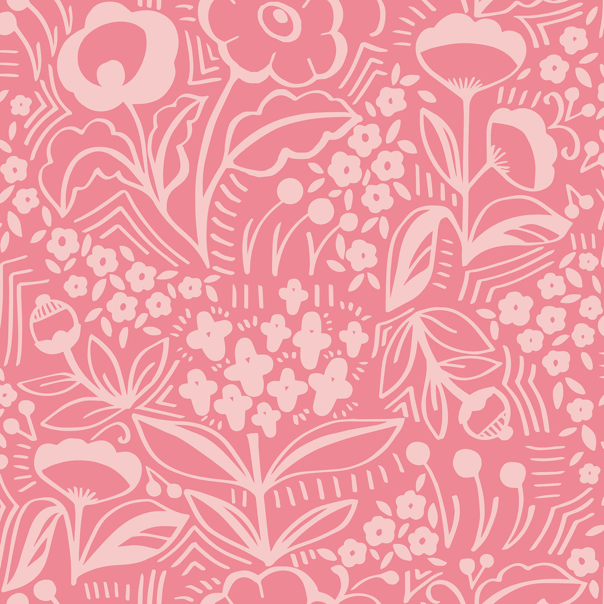 Jeani Pink Peel and Stick Wallpaper by NuWallpaper featuring whimsical retro-inspired botanical floral linework design by Megan Carter - MCS6404