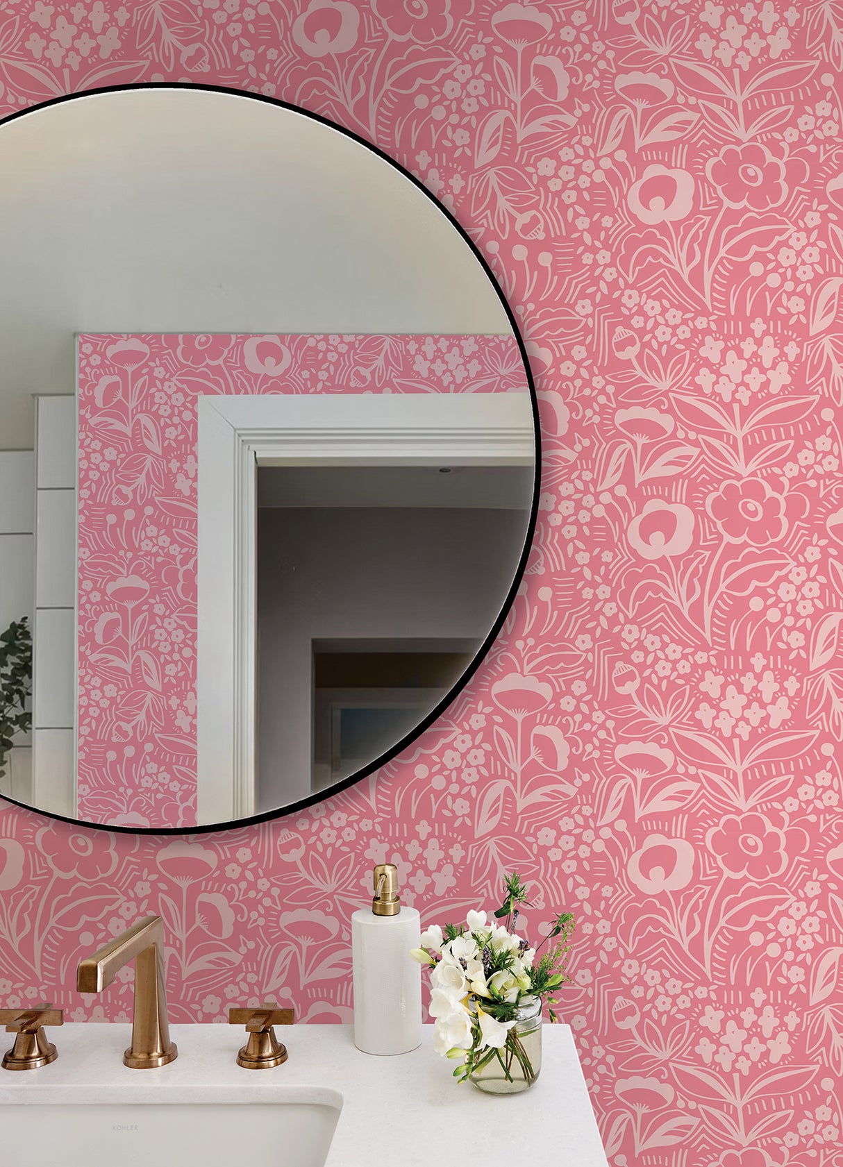 Jeani Pink by NuWallpaper Whimsical Retro-Inspired Botanical Floral Linework Peel and Stick WallPops Wallpaper Designed by Megan Carter - MCS6404
