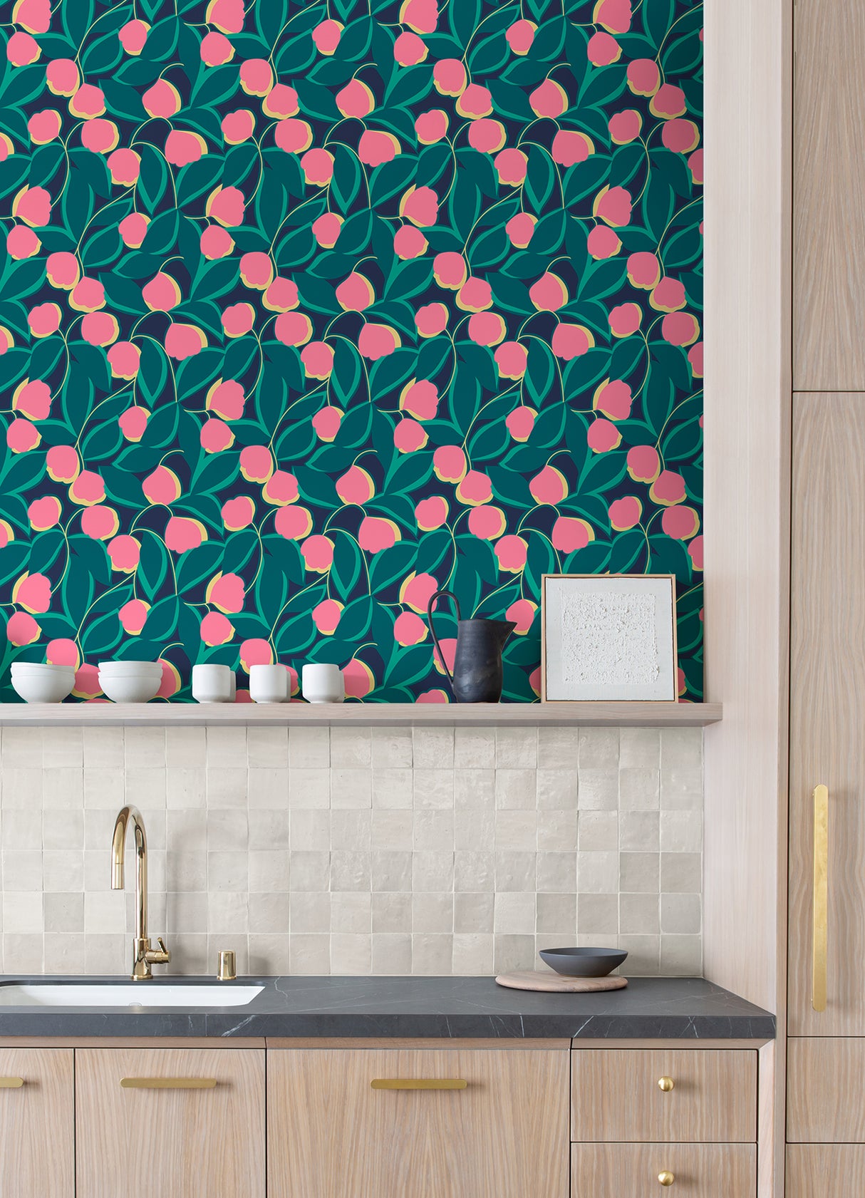 Talia Navy by NuWallpaper Whimsical Pink and Green Botanical Floral Peel and Stick Wallpaper Designed by Megan Carter - MCS6407