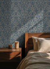 Acorn Indigo by WallPops Morris and Co. Interwoven Leaves and Oak Motifs Botanical Peel and Stick Wallpaper - MCS6586