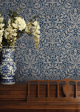 Acorn Indigo by WallPops Morris and Co. Interwoven Leaves and Oak Motifs Botanical Peel and Stick Wallpaper - MCS6586