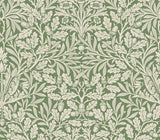 Acorn Forest Peel and Stick Wallpaper MCS6587 by WallPops - Green botanical pattern featuring interwoven leaves and oak motifs inspired by Morris and Co.