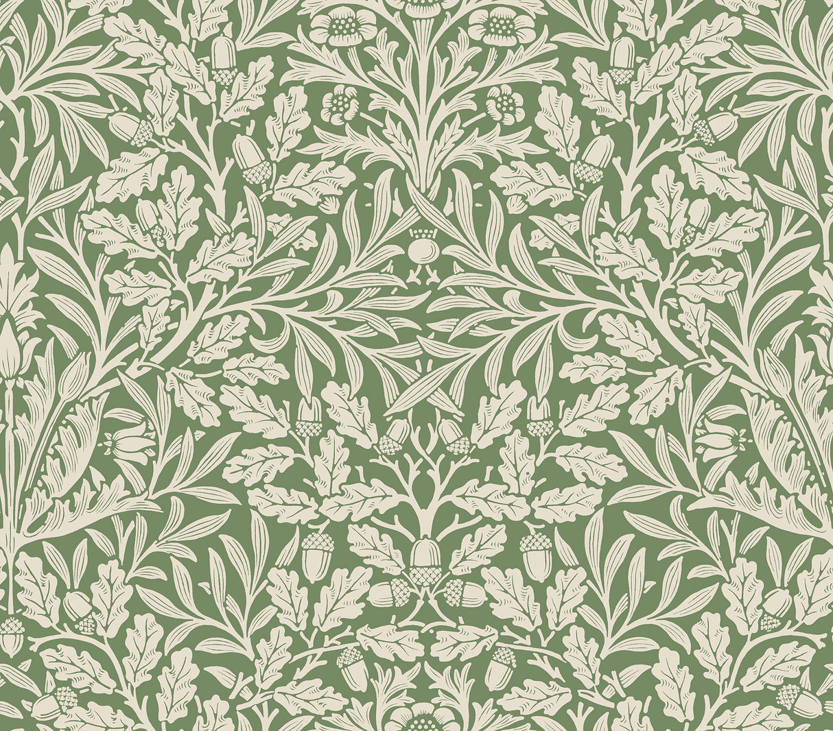 Acorn Forest Peel and Stick Wallpaper MCS6587 by WallPops - Green botanical pattern featuring interwoven leaves and oak motifs inspired by Morris and Co.