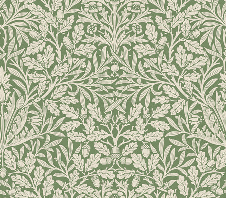 Acorn Forest Peel and Stick Wallpaper MCS6587 by WallPops - Green botanical pattern featuring interwoven leaves and oak motifs inspired by Morris and Co.