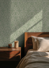 Acorn Forest Green by WallPops Morris and Co. Traditional Botanical Peel and Stick Wallpaper with Interwoven Leaves and Oak Motif - MCS6587