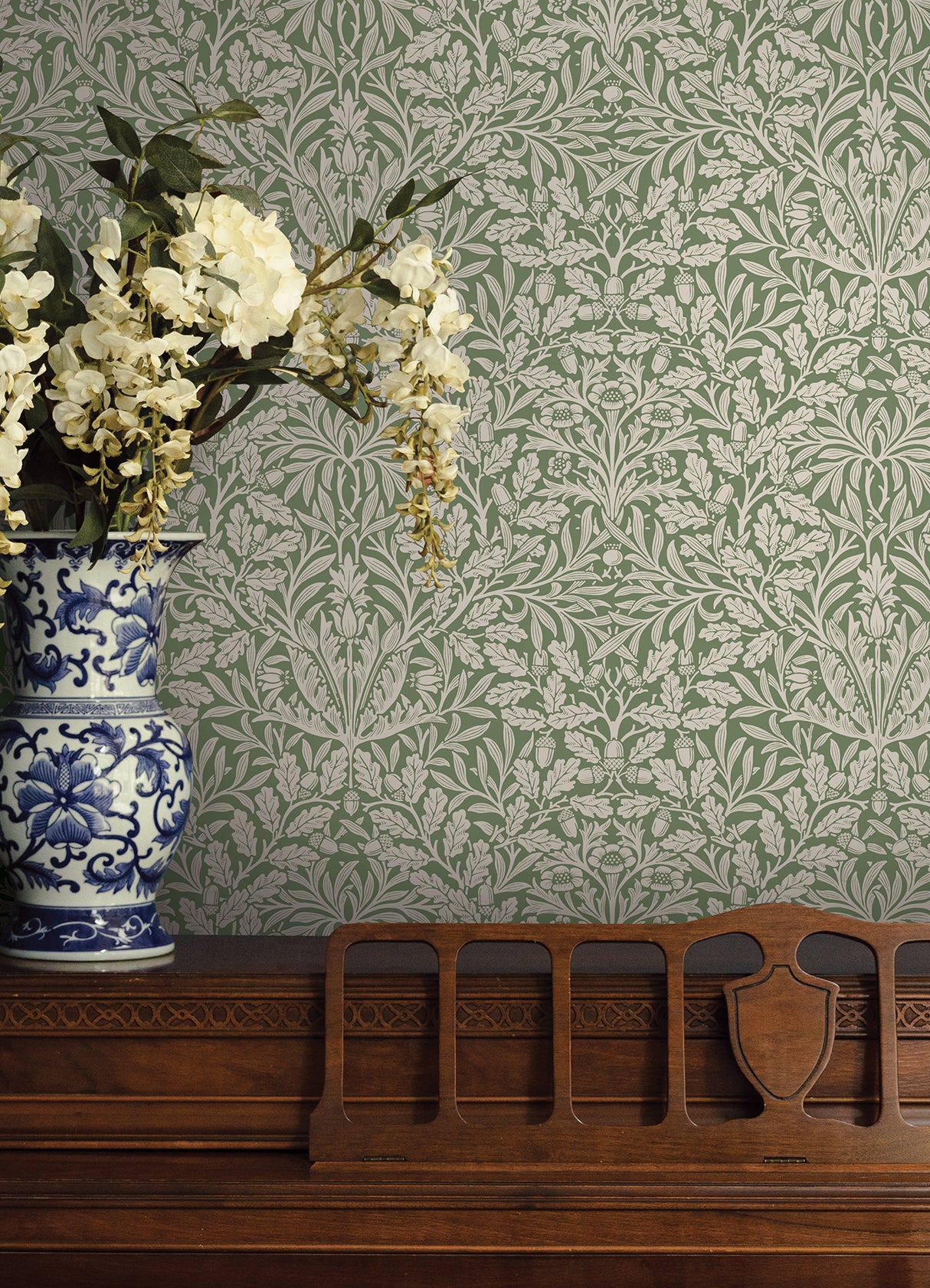 Acorn Forest Green by WallPops Morris and Co. Traditional Botanical Peel and Stick Wallpaper with Interwoven Leaves and Oak Motif - MCS6587