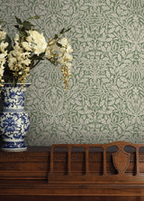 Acorn Forest Green by WallPops Morris and Co. Traditional Botanical Peel and Stick Wallpaper with Interwoven Leaves and Oak Motif - MCS6587