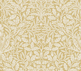 Acorn Cowslip Peel and Stick Wallpaper by Morris & Co x WallPops featuring interwoven oak leaves and acorn motifs in golden yellow and white - MCS6588