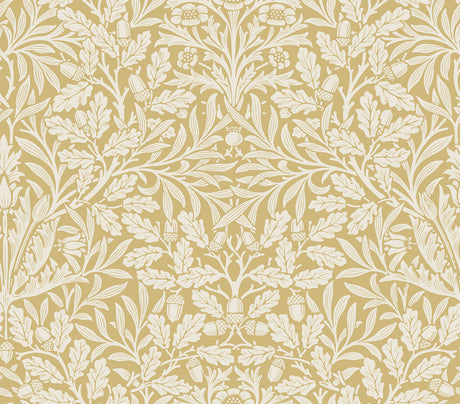 Acorn Cowslip Peel and Stick Wallpaper by Morris & Co x WallPops featuring interwoven oak leaves and acorn motifs in golden yellow and white - MCS6588