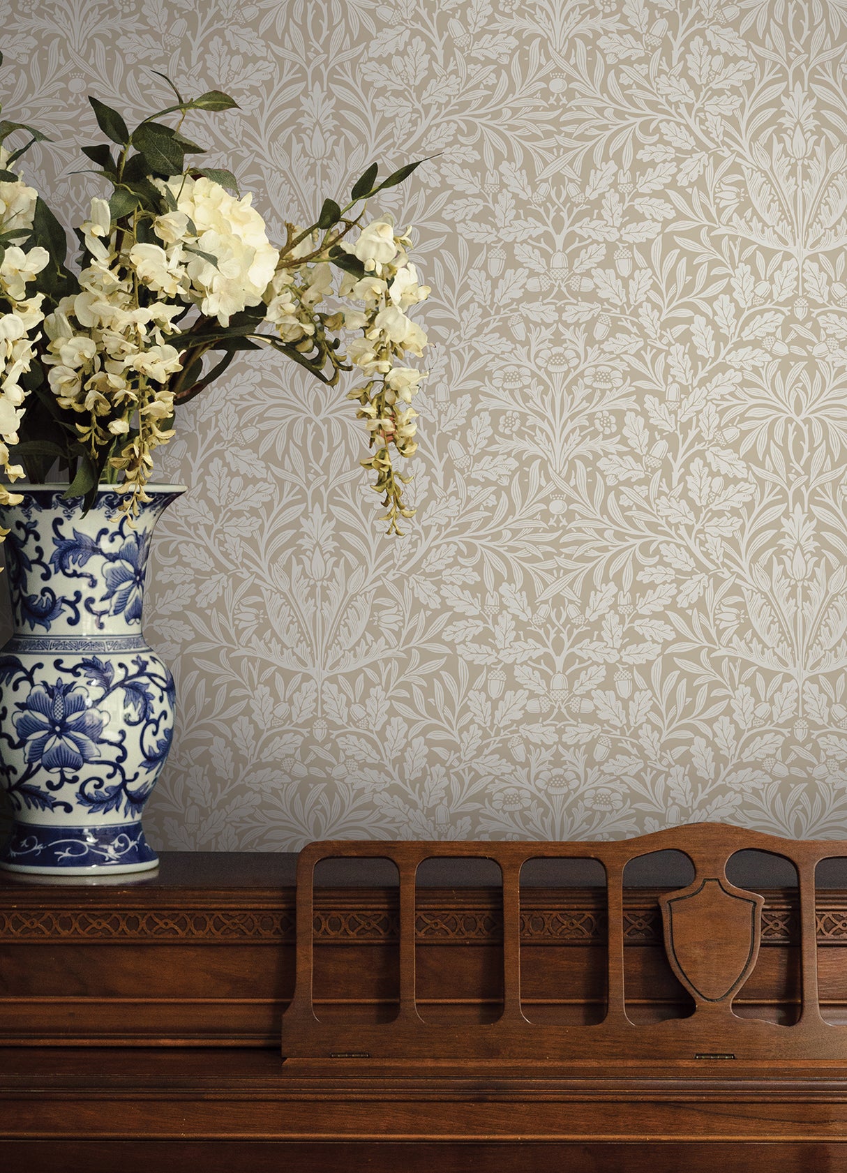 Acorn Wheat by WallPops Morris and Co. Peel and Stick Fully Removable Traditional Botanical Leaf and Oak Motif Wallpaper - MCS6589